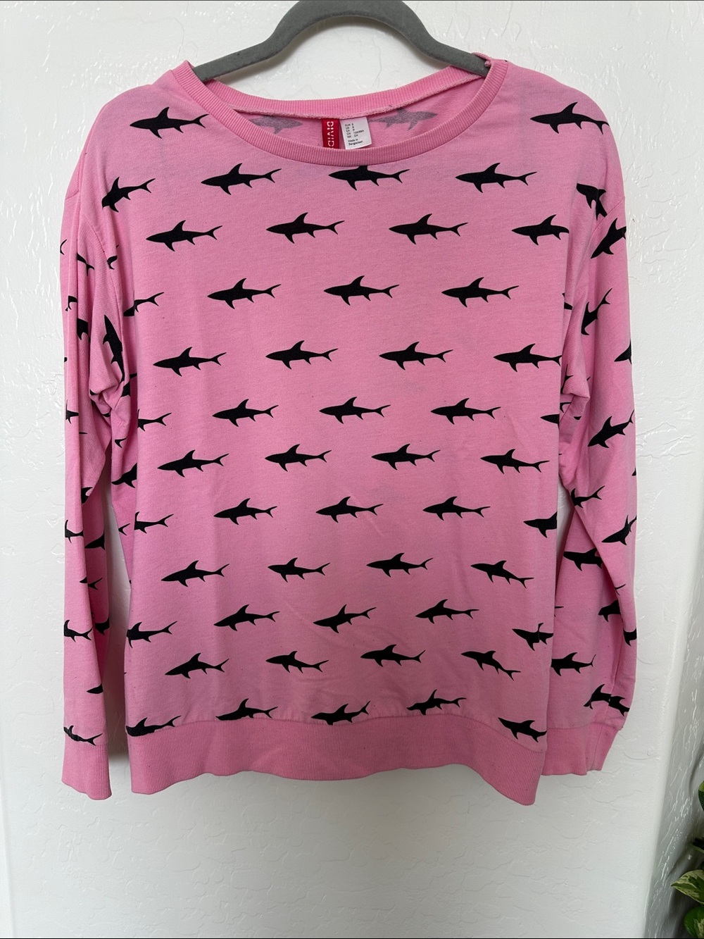 Divided Pink Crewneck Sweater with Black Shark Print